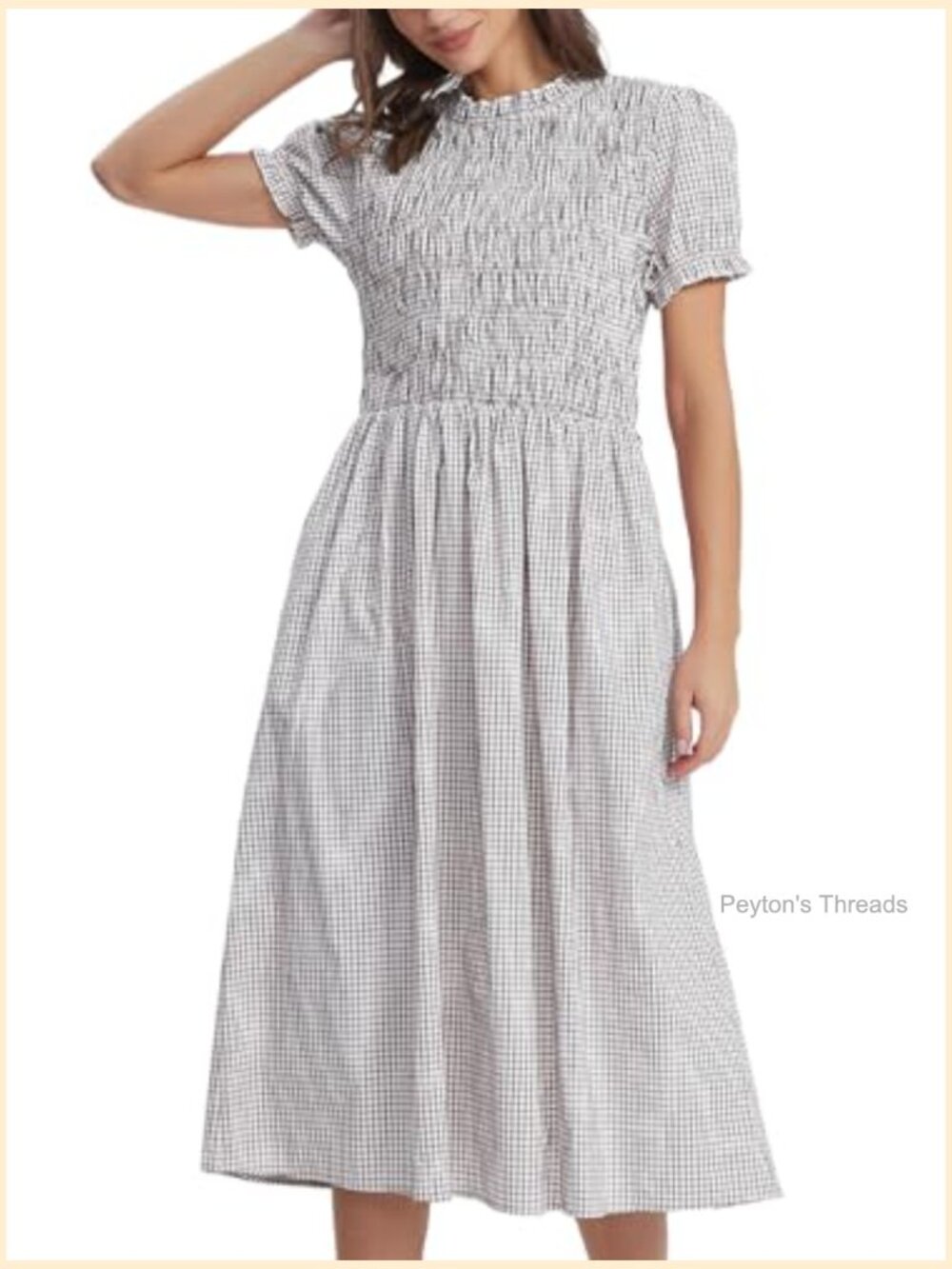 Summer Midi Dress Puff Short Sleeve Flowy Boho Beach Gingham Smocked Sundress - Picture 2 of 6